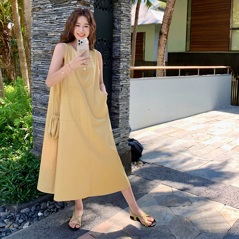 黄色超好看洋气百搭连衣裙女2025夏季新款韩系松弛感减龄无袖长裙,女装连衣裙,2C166