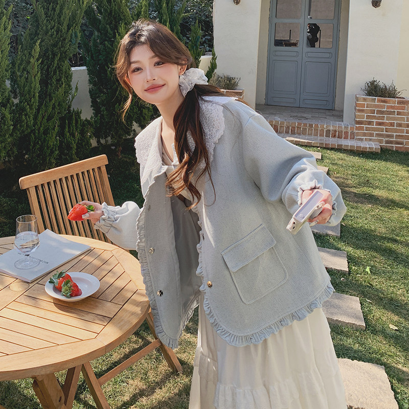 超火慵懒风蓝色娃娃领中长款小香风外套女春秋新款设计感气质上衣图片