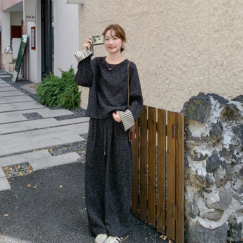 条纹拼接小香风灰色套装裤女秋季时髦洋气ootd韩系盐系设计感流行,女装套装/套裙,2C166