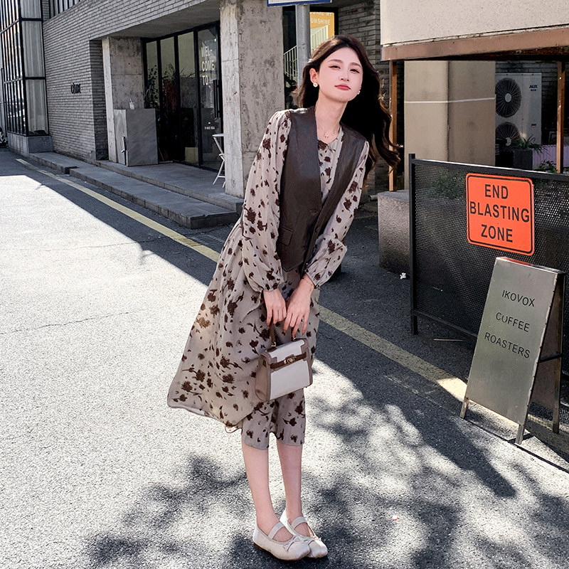 法式复古桔梗碎花连衣裙套装女2025春秋季新款显瘦洋气马甲两件套图片