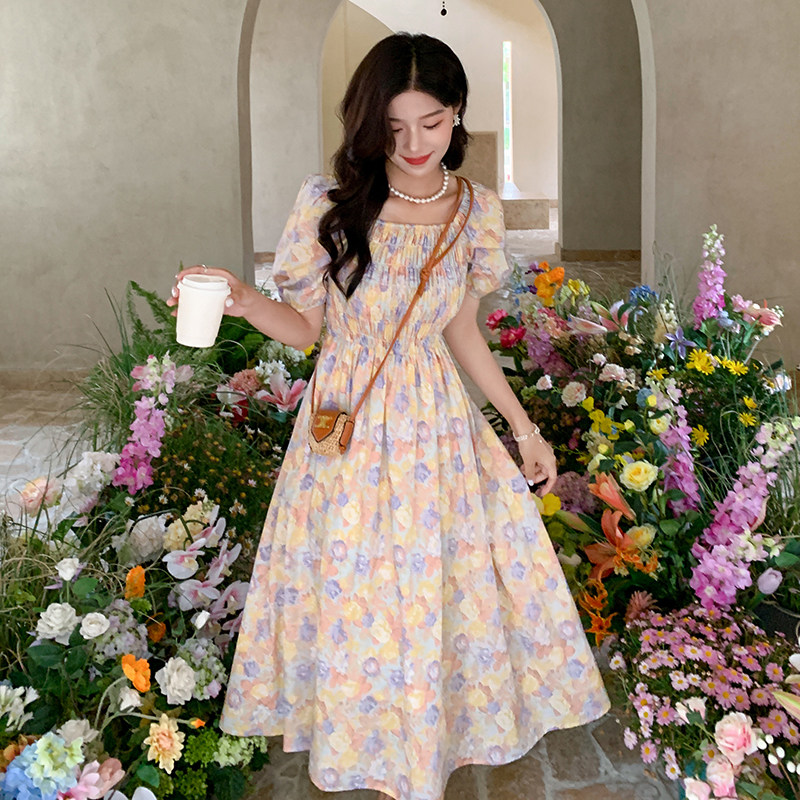 超好看法式碎花方领掐腰连衣裙女夏2025年新款绝美气质感a字长裙,女装连衣裙,2C320