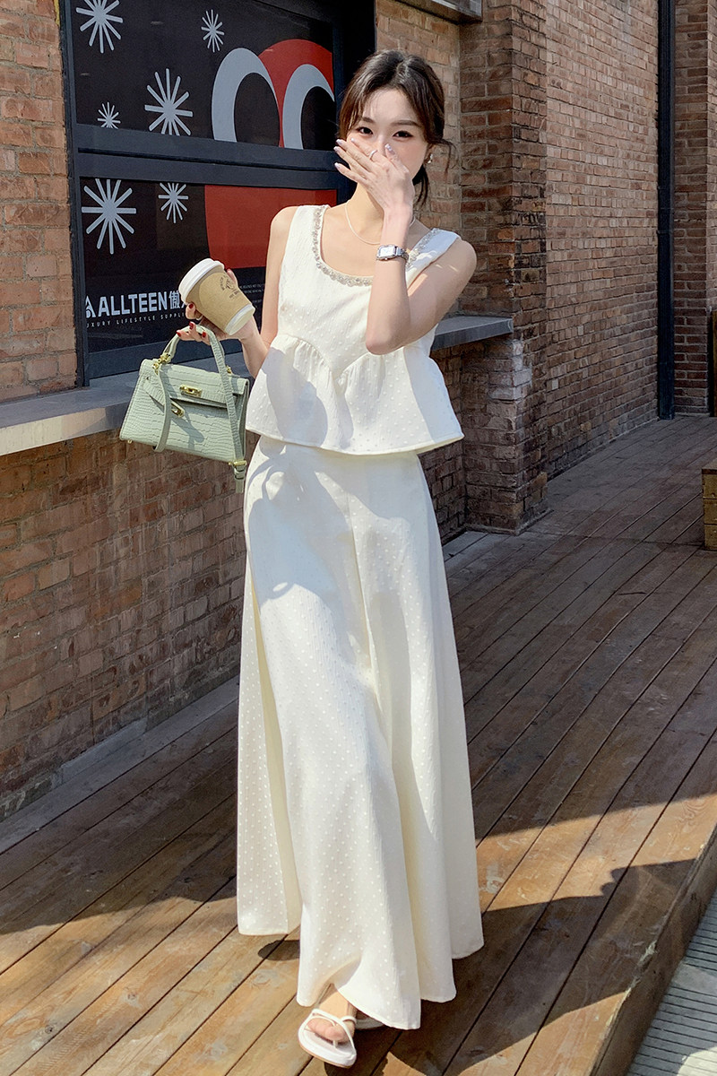 度假修身气质白色半身裙套装女2024夏季新款收腰背心长裙子两件套,女装套装/套裙,2C057