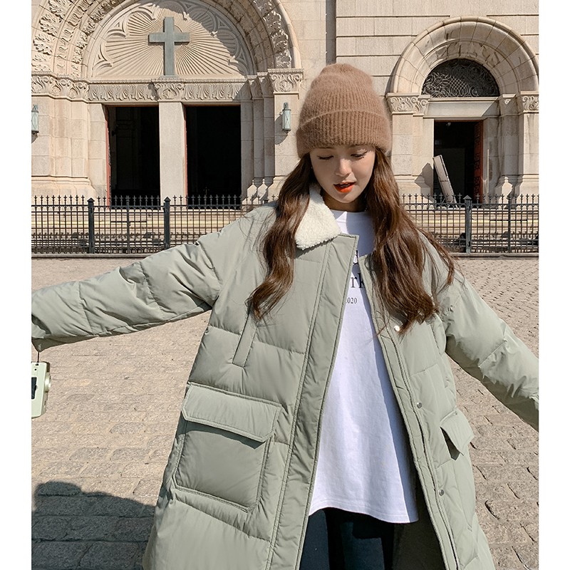 新品羊羔毛拼接翻领中长款90羽绒服2C075-081-P339-控488图片