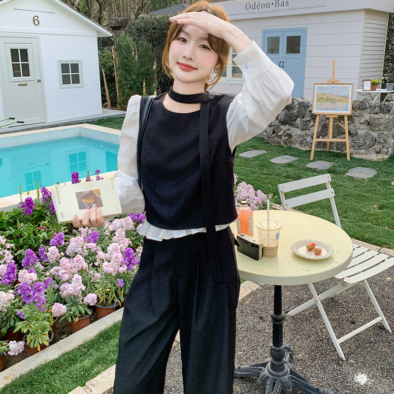 韩系气质高级感小香风套装女春季2025新款假两件上衣阔腿裤两件套,女装套装/套裙,2C225