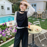 韩系气质高级感小香风套装女春季2025新款假两件上衣阔腿裤两件套，女装套装/套裙，2C225