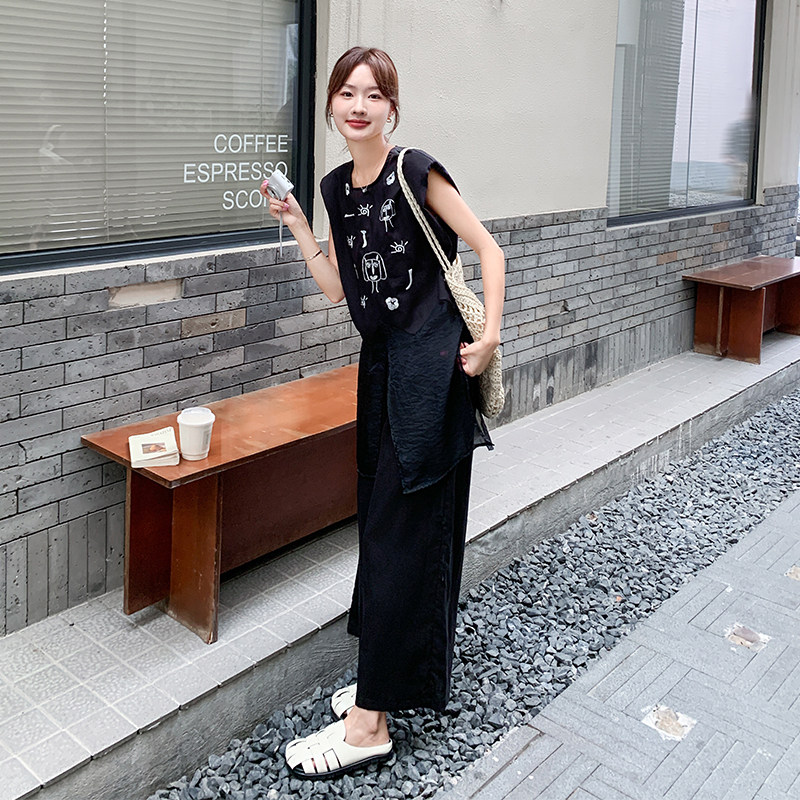 黑色网纱拼接印花无袖上衣阔腿裤套装女2025夏新款时尚显瘦两件套,女装套装/套裙,2C277