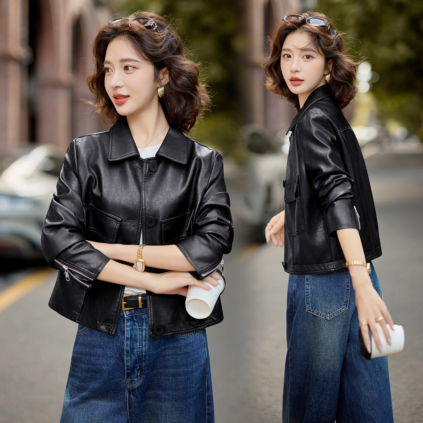 现货复古绿色皮衣外套女短款设计感气质减龄时髦大口袋机车服,女装皮衣,吾爱衣