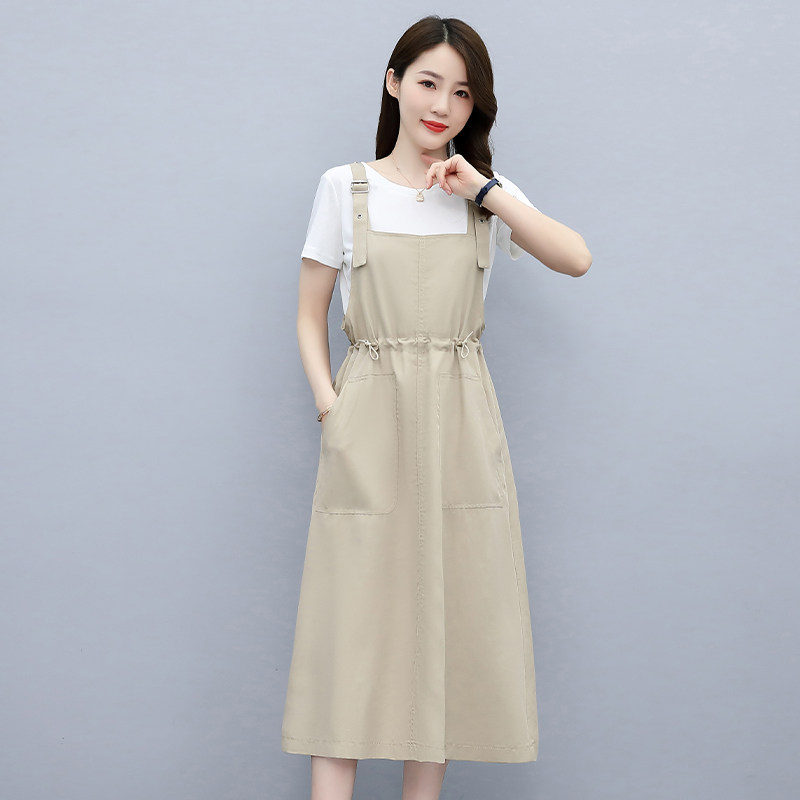 背带裙女2025年夏季新款宽松显瘦气质百搭小个子纯色连衣裙两件套,女装连衣裙,蓝朵琳