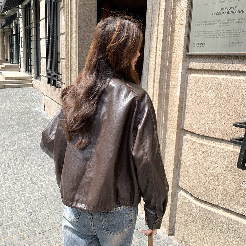 港式复古咖色减龄皮衣短外套女春秋2025新款小个子酷飒风PU皮夹克,女装皮衣,衣珂纱朗