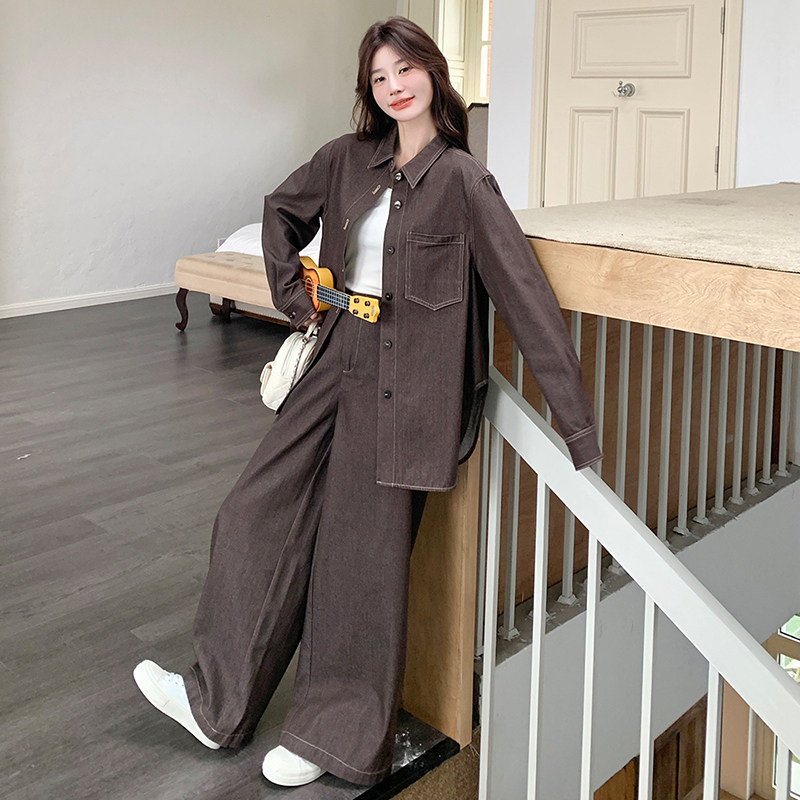 咖色牛仔衬衫套装女春秋2025年新款韩系减龄ootd穿搭阔腿裤两件套,女装套装/套裙,2C139