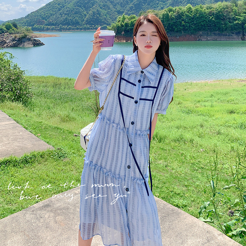 蓝色条纹衬衫连衣裙女2025夏季新款设计感小众宽松减龄小个子裙子图片