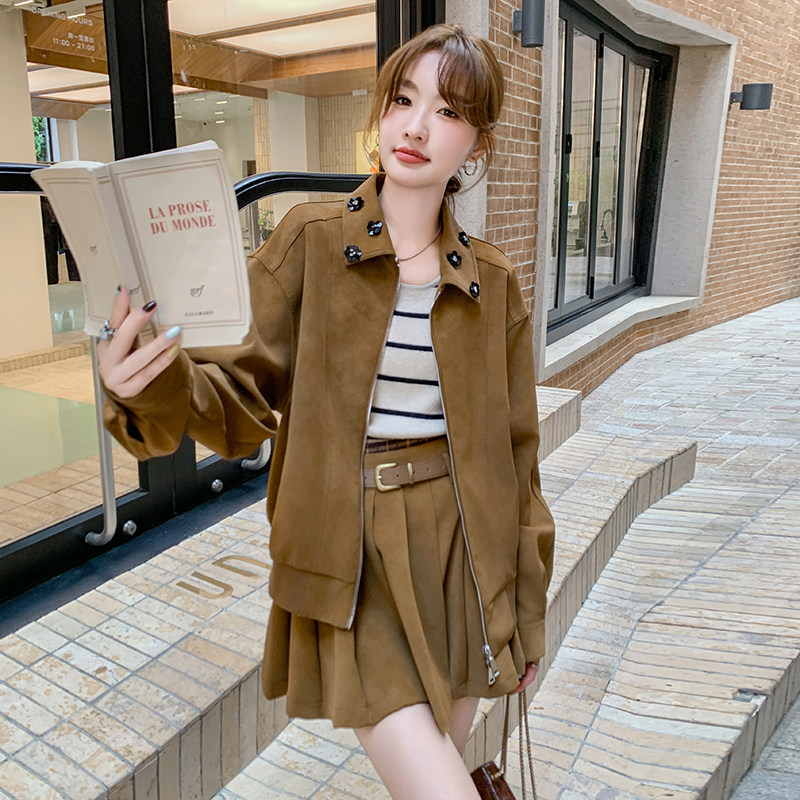美拉德麂皮绒工装套装裙女秋季2025新款小个子流行漂亮百褶裙穿搭,女装套装/套裙,2C115