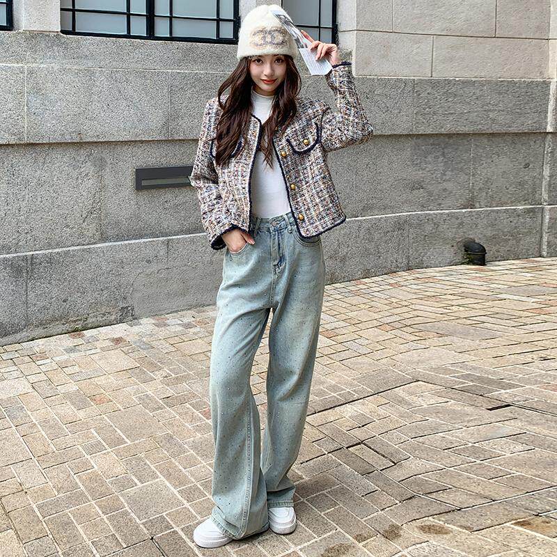 蓝色格子小香风外套女2025秋新款设计感超好看超火气质小个子上衣图片