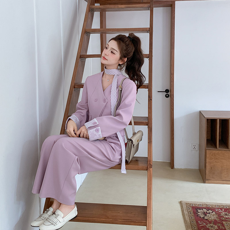 法式小香风短款西装套装2025年秋季新款蕾丝飘带阔腿裤两件套女潮,女装套装/套裙,2C238