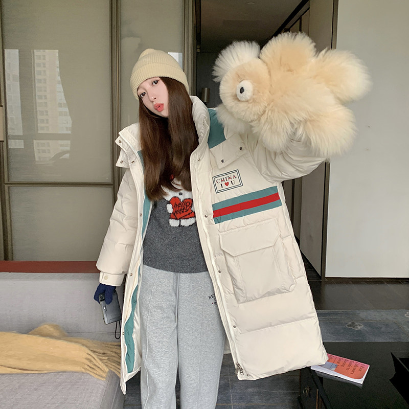 韩系chic米白色中长款连帽羽绒服女冬季超火好看高级小众加厚外套,女装棉衣/棉服,2C311