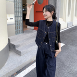 深蓝色淡人水洗牛仔马甲套装2025新款秋季盐韩系高腰阔腿裤三件套，女装套装/套裙，2D013