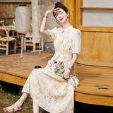 风碎花连衣裙女2025年夏季新款文艺复古中长款水墨画假两件裙子，女装连衣裙，蓝朵琳