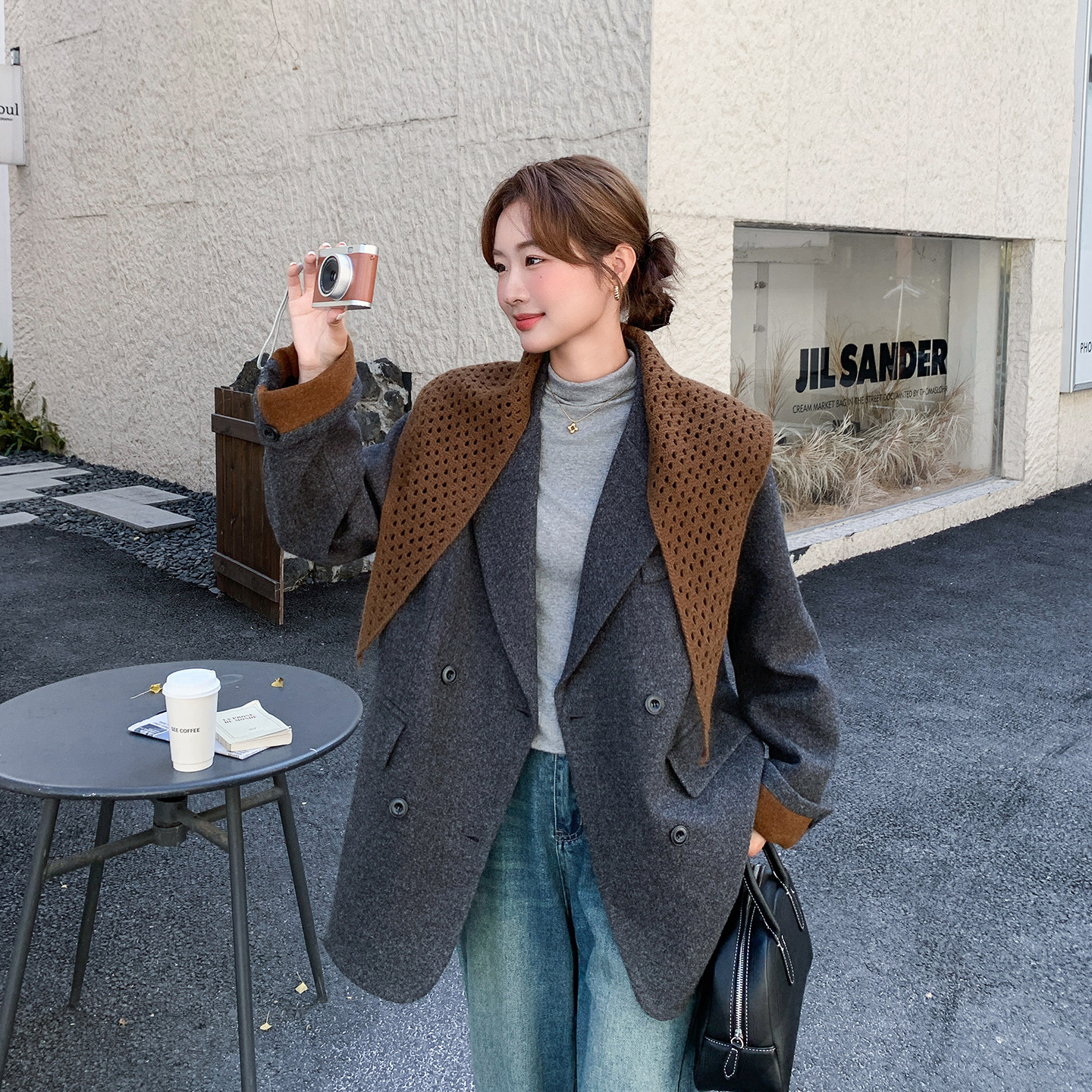 灰色韩系撞色针织披肩西装毛呢外套女秋冬2025新款轻熟风气质大衣,女装毛呢外套,2C126