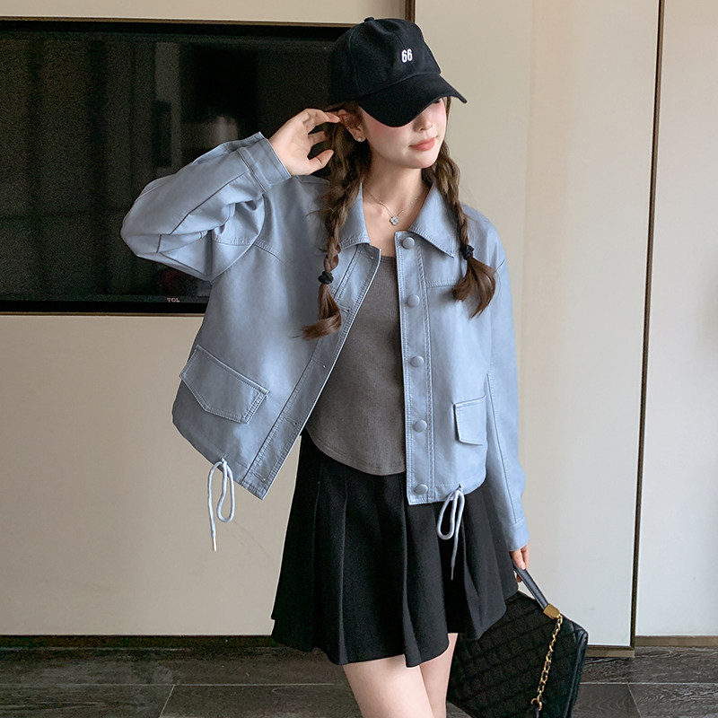 2025年春季新款浅蓝色皮衣夹克短外套女韩版高级感机车服百搭上衣,女装皮衣,2C233