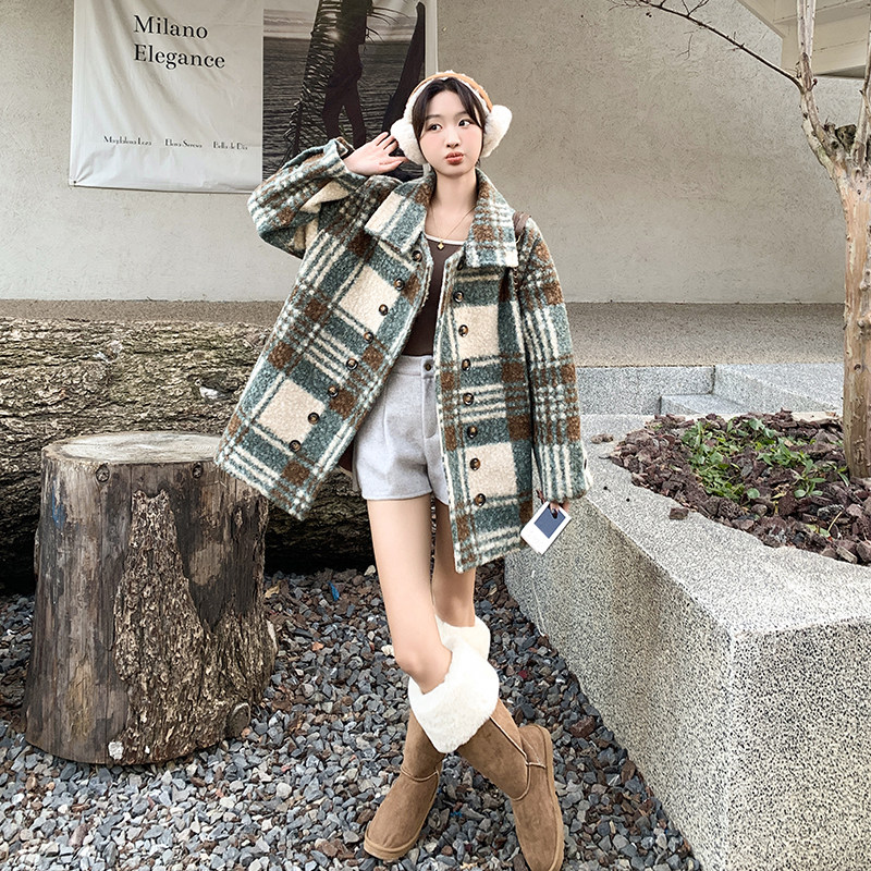 现货~~！！蓝色复古格纹毛呢外套女小个子加厚呢大衣P165,女装短外套,2C262