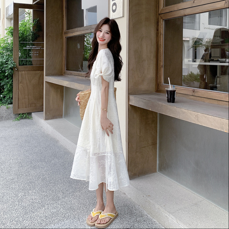 茶歇法式泡泡袖白色蕾丝连衣裙女2025夏季新款气质温柔慵懒仙女裙,女装连衣裙,2C218