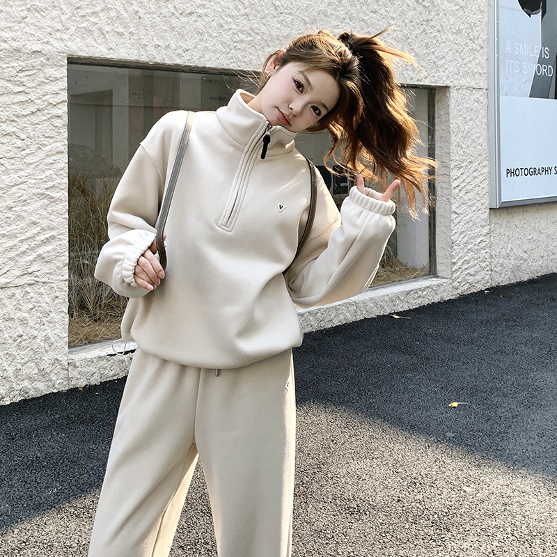 米白色立领卫衣套装女2025春季新款韩系高级感运动休闲卫裤两件套,女装套装/套裙,2C203