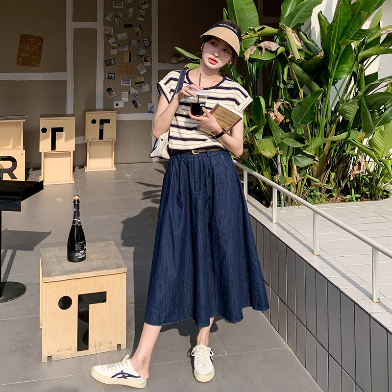 盐甜系条纹上衣牛仔半身裙两件套女2025年夏季新款高级感休闲套装,女装套装/套裙,2C166