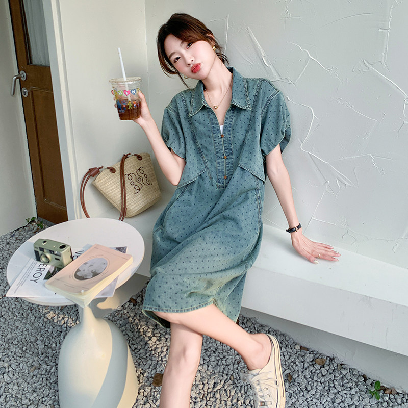 港风复古波点牛仔连衣裙女2025夏季新款法式宽松显瘦气质v领长裙,女装连衣裙,2C115
