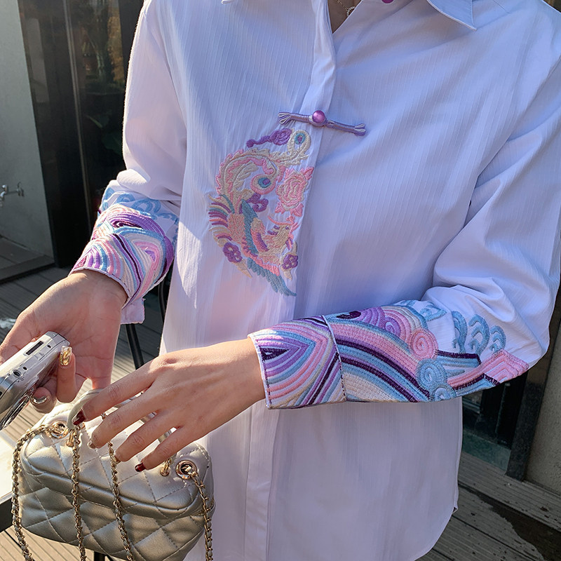 【现货】2025秋新中式风重工刺绣百搭显瘦休闲盘扣纯棉衬衫,女装衬衫,先锋丽姿