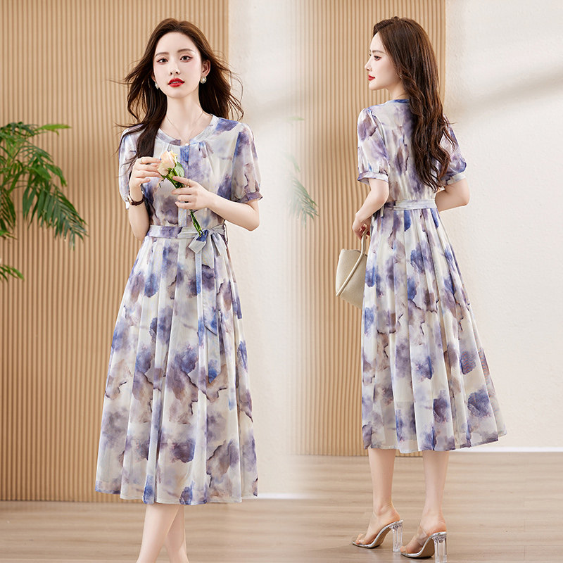 【新品】吾爱衣2421款印花连衣裙女圆领夏季系带气质妈妈裙子,女装连衣裙,吾爱衣