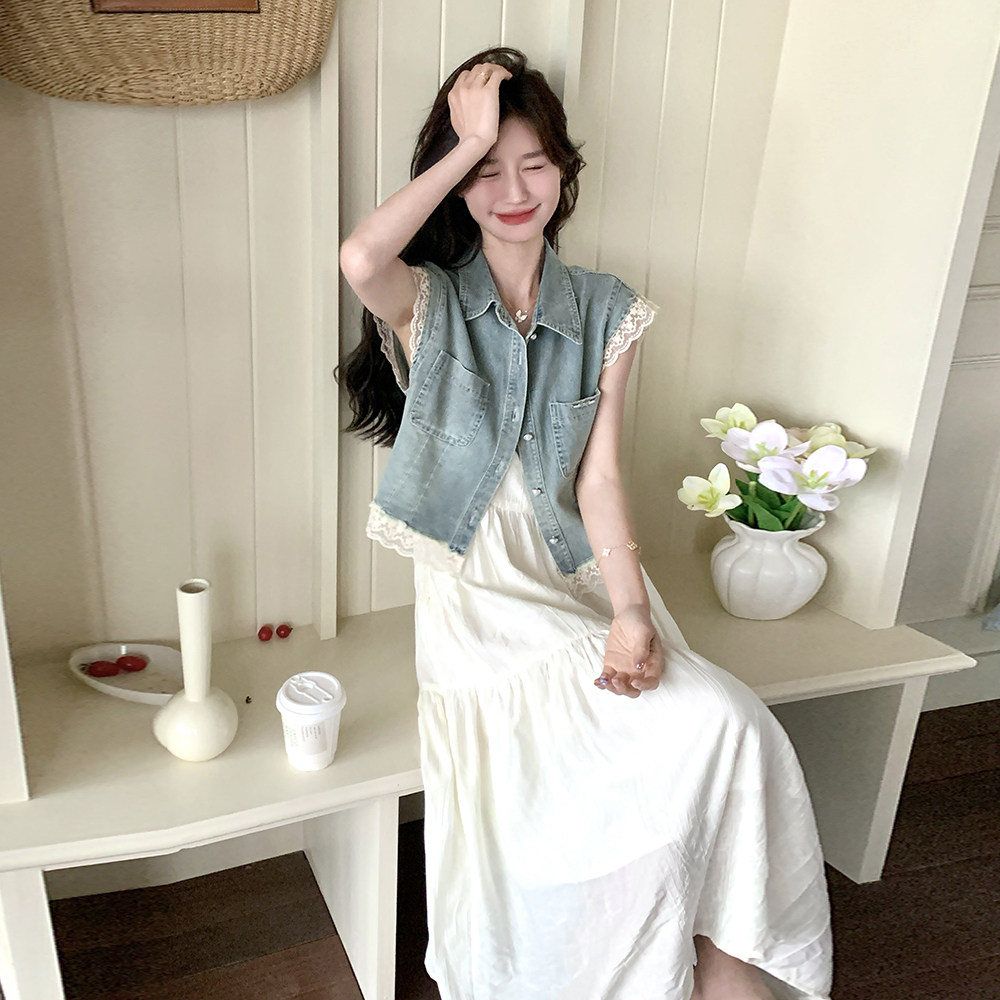 主推现货25夏装新款 吊带+牛仔短袖外套两件套 蕾丝拼接仙气套裙图片