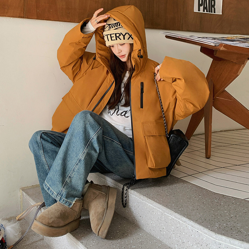 户外风姜黄色连帽冲锋衣羽绒服冬女2025新款超火好看加厚保暖外套,女装羽绒服,2C139