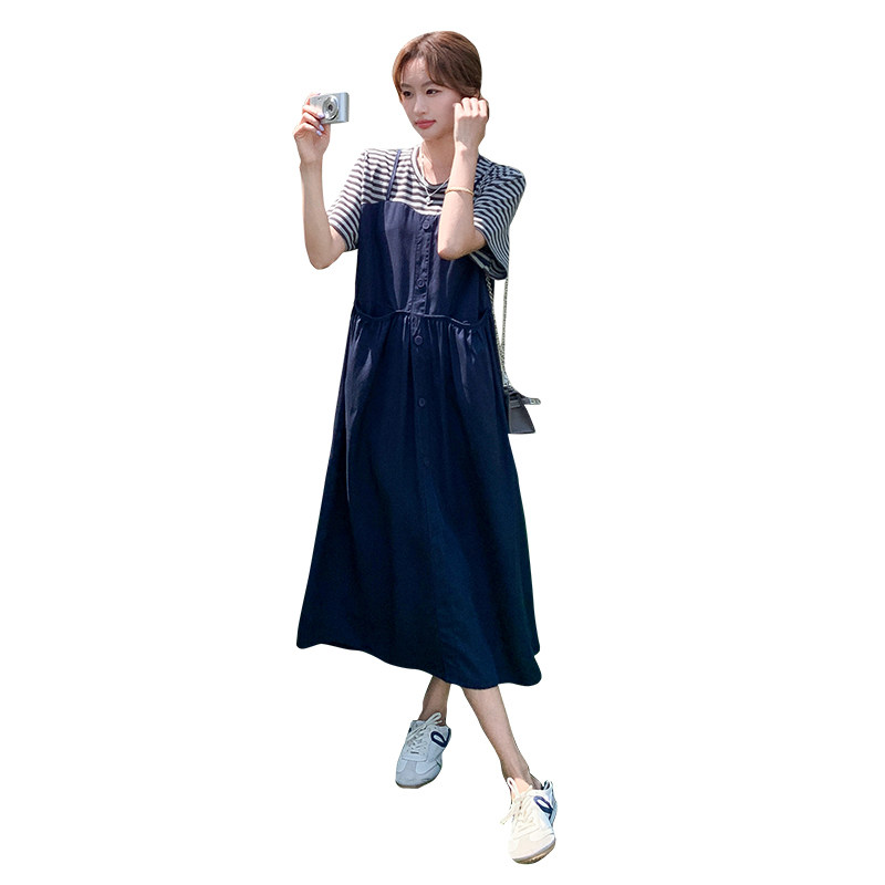 条纹拼接假两件连衣裙女2025夏季新款韩版减龄时尚高级感气质裙子,女装连衣裙,2D043