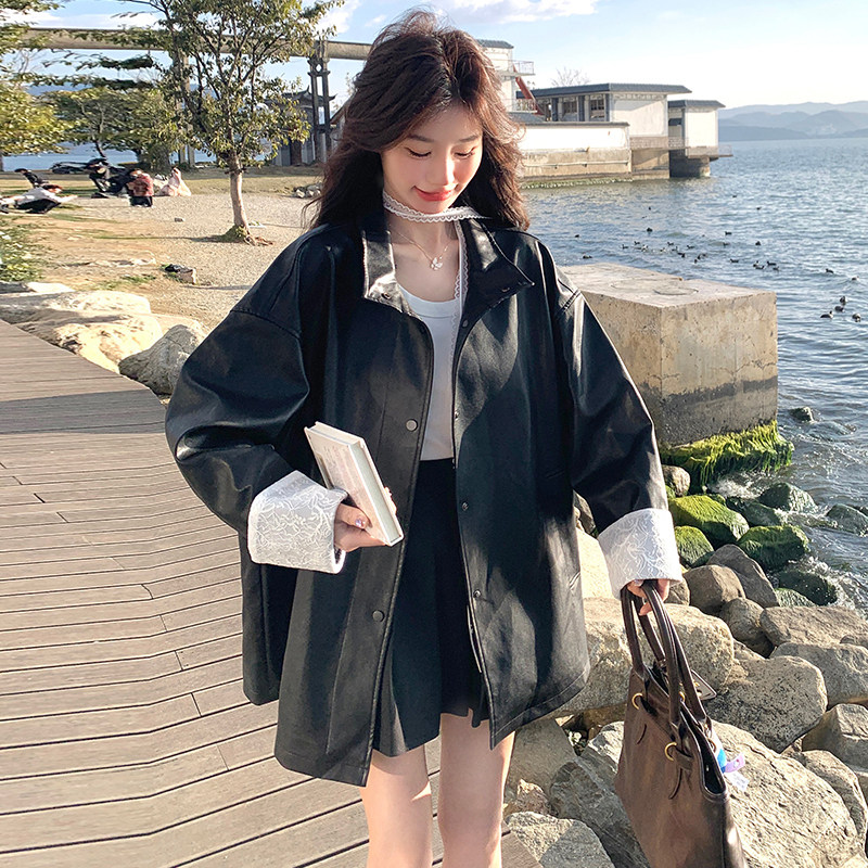 2025蕾丝袖口立领中长黑皮衣外套2C298w376p155k238,女装皮衣,2C298