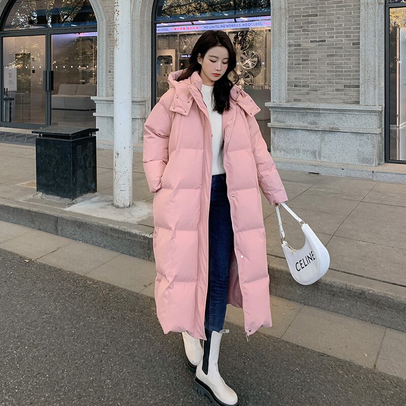 粉色长款羽绒服女冬过膝2025新款韩版风连帽厚白鸭绒棉服外套,女装羽绒服,2C177