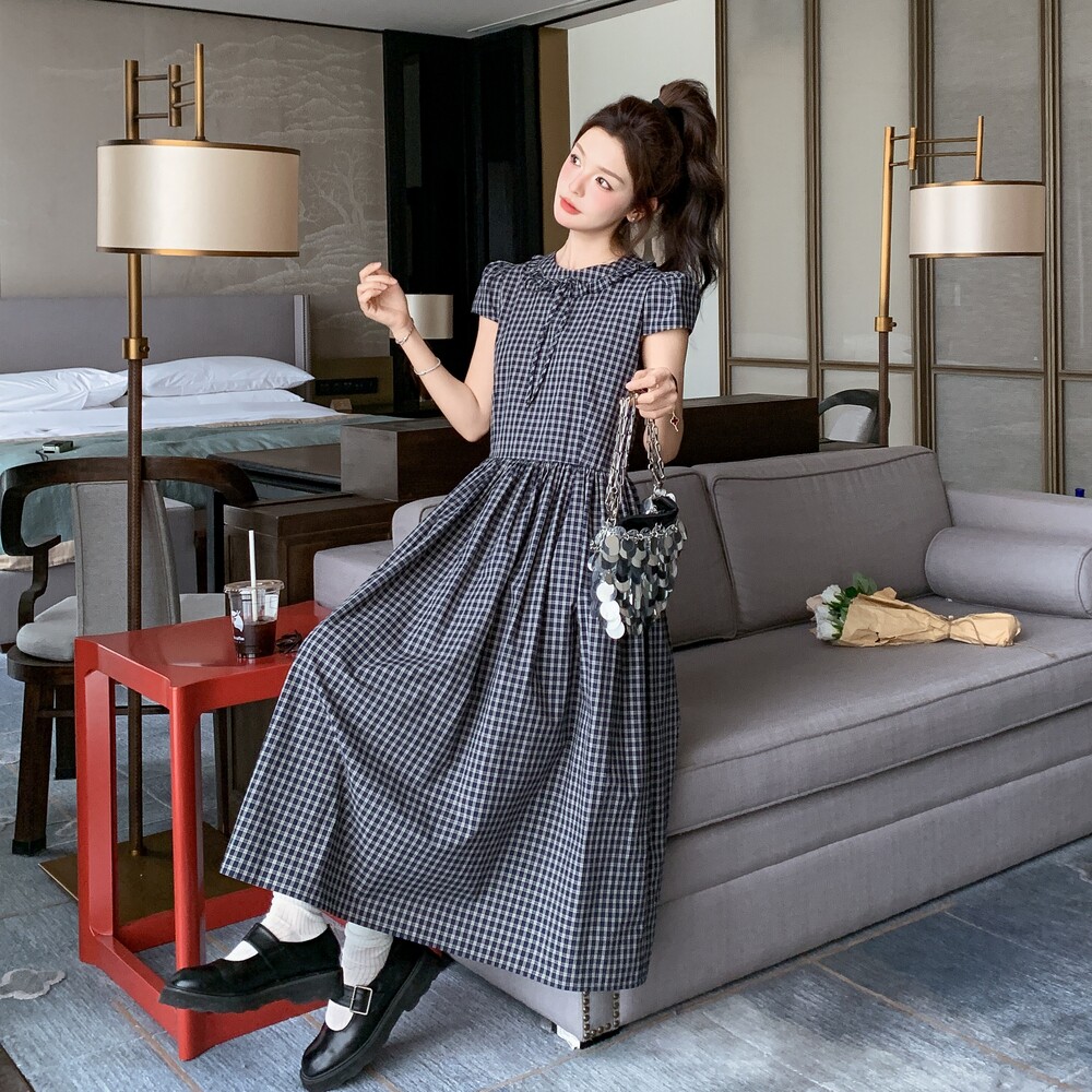 法式休闲复古格子连衣裙女夏2025新款绝美学院风减龄爆款流行长裙,女装连衣裙,2C012