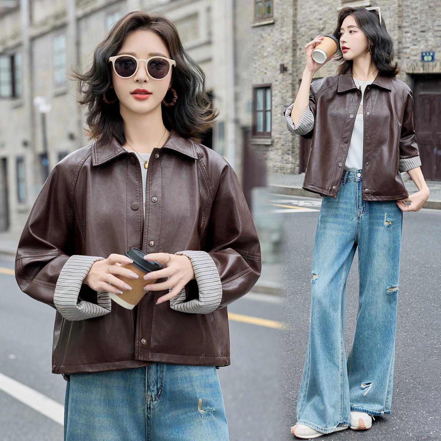 小个子韩系休闲皮衣外套女2025春秋新款时尚百搭显瘦长袖夹克上衣,女装皮衣,英标秀（1C119）