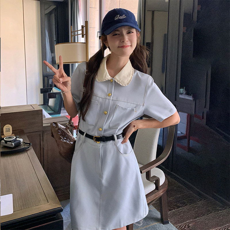 浅蓝色娃娃领小香风连衣裙女2025夏季新款别致惊艳收腰显瘦短裙子,女装连衣裙,2C122