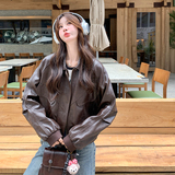 咖色复古美拉德炸街小皮衣女秋2025新款韩版又酷又飒PU皮翻领夹克，女装皮衣，2C277