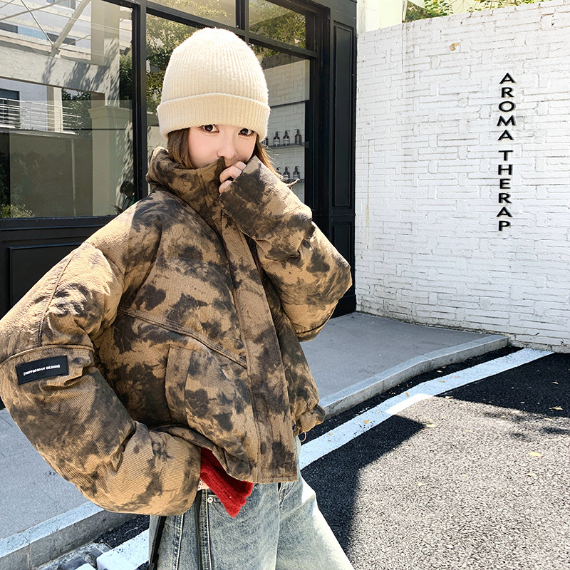 复古扎染立领白鸭绒羽绒服外套女冬季2025年新款短款小个子面包服,女装羽绒服,2C117