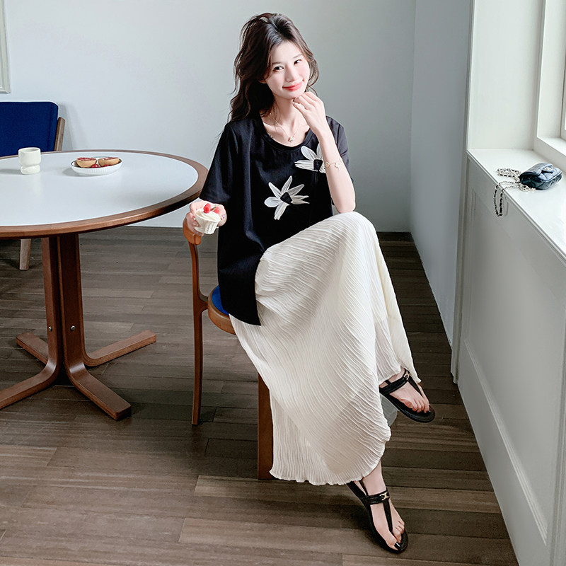 温柔风立体花朵流苏连衣裙女2025夏新款韩系气质减龄超仙t恤长裙,女装连衣裙,2D009
