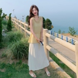 2025夏季新款韩系网状圆领无袖镂空针织上衣+吊带背心两件套女，女装套装/套裙，2C166
