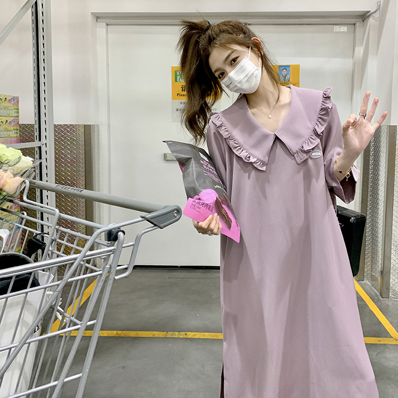 现货主推夏季娃娃领开叉紫色连衣裙2C032822P115K168,女装连衣裙,2C032