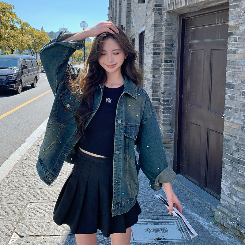 韩版时尚彩色烫钻牛仔外套女2025春秋季新款宽松显瘦气质夹克上衣图片