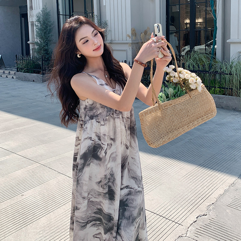 法式度假风晕染吊带连衣裙女2025夏季新款韩版宽松显瘦甜美蛋糕裙,女装连衣裙,2C052