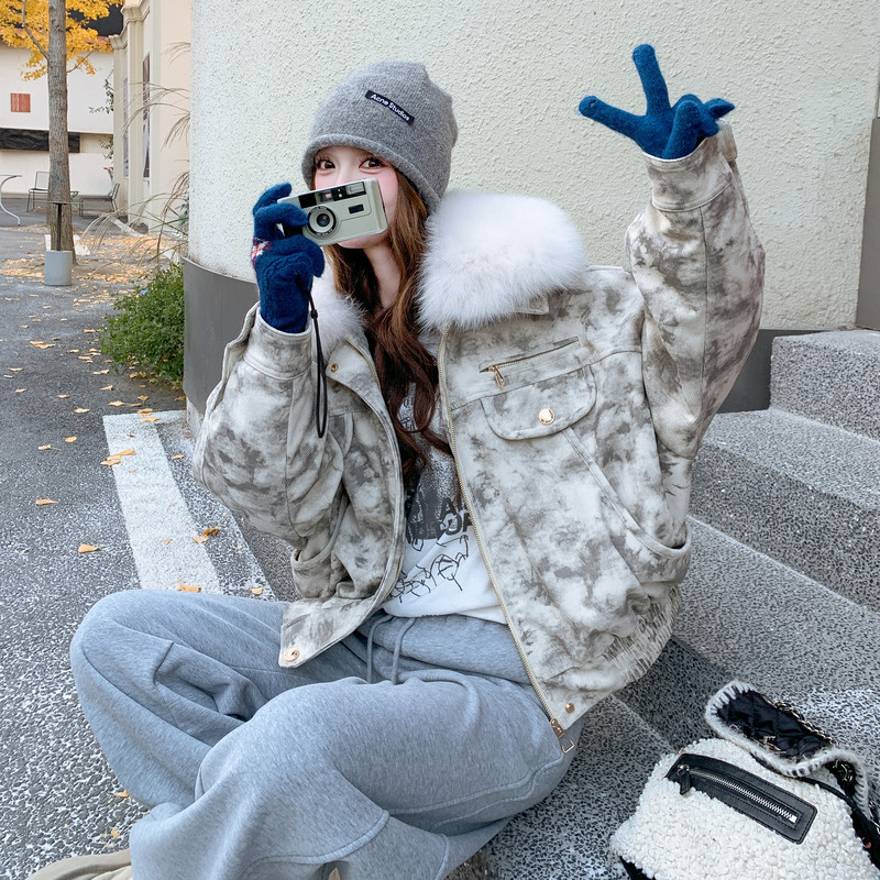 时髦毛绒系狐狸毛领皮草拼接羽绒服女2025冬季新款短款保暖外套,女装羽绒服,2C230