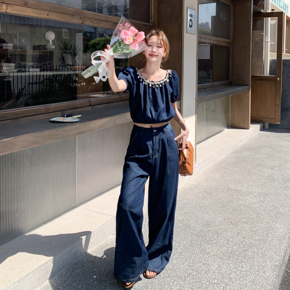 蓝色复古高级感牛仔套装女2025年夏季新款一字肩上衣阔腿裤两件套,女装套装/套裙,2D148