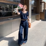 蓝色复古高级感牛仔套装女2025年夏季新款一字肩上衣阔腿裤两件套，女装套装/套裙，2D148