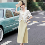 新款2025年夏季女装复古提花盘扣缎面套装裙两件套，女装套装/套裙，丽莎妳雅