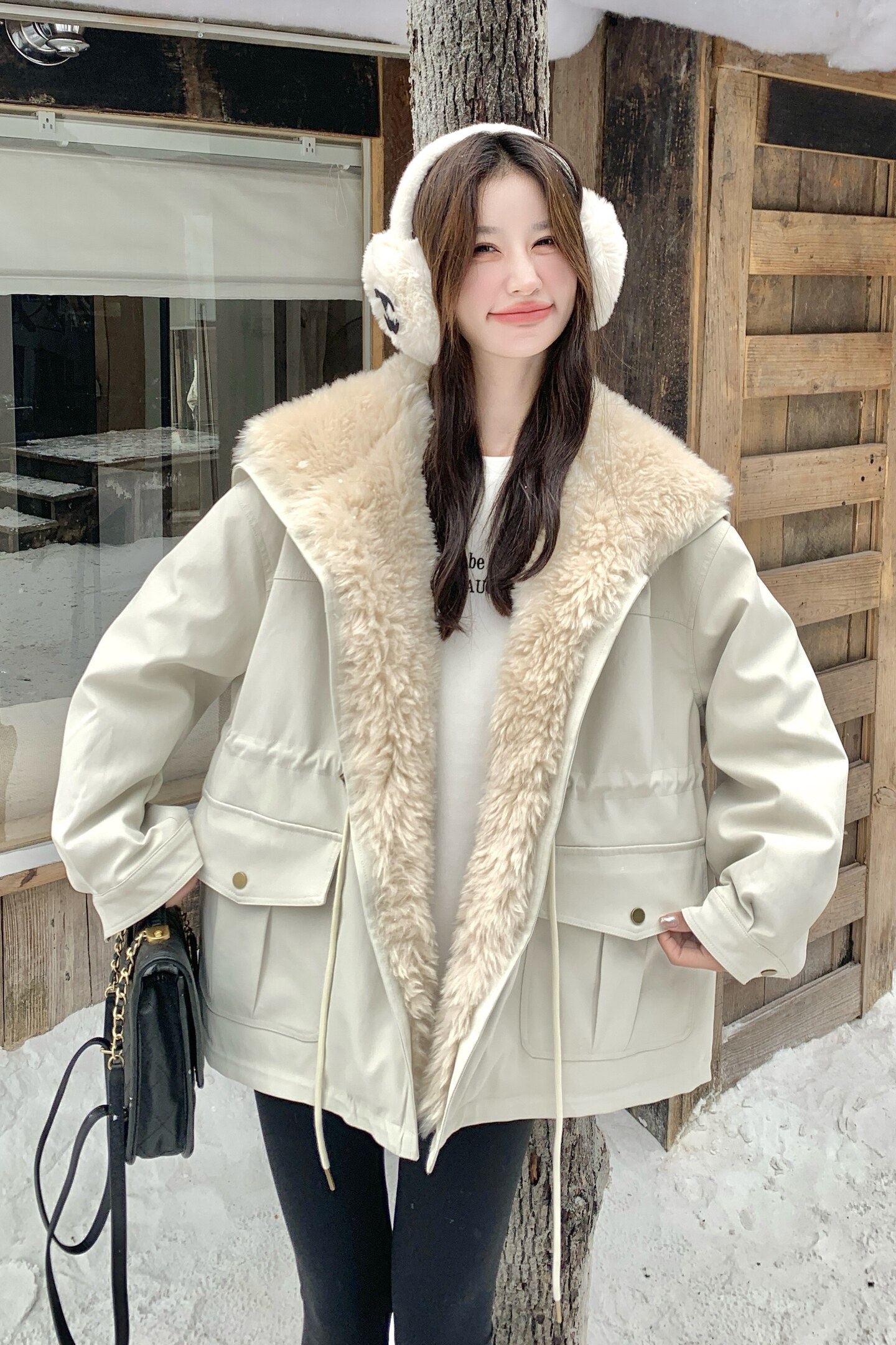 羊羔毛领派克羽绒服女2025冬季新款设计感加厚收腰显瘦白鸭绒外套,女装羽绒服,2C227